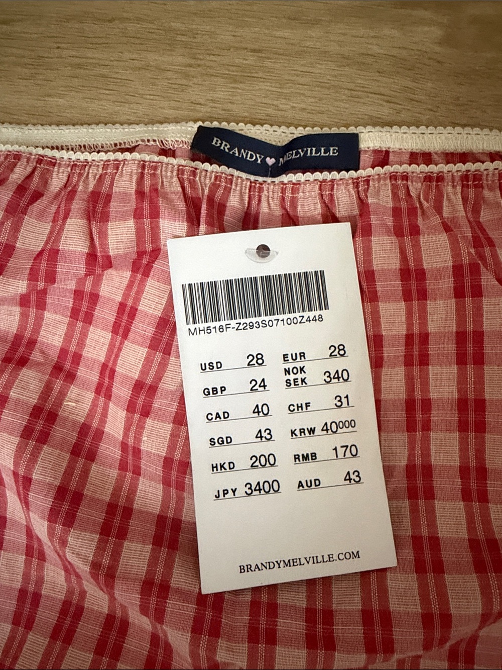 Brandy Melville Red Pink Gingham Flutter Knee Length Skirt with Lace Trim - Picture 2 of 4